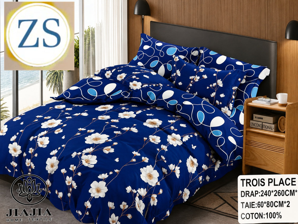 Ensemble 4 pièces Bleu Foncé Fleuri