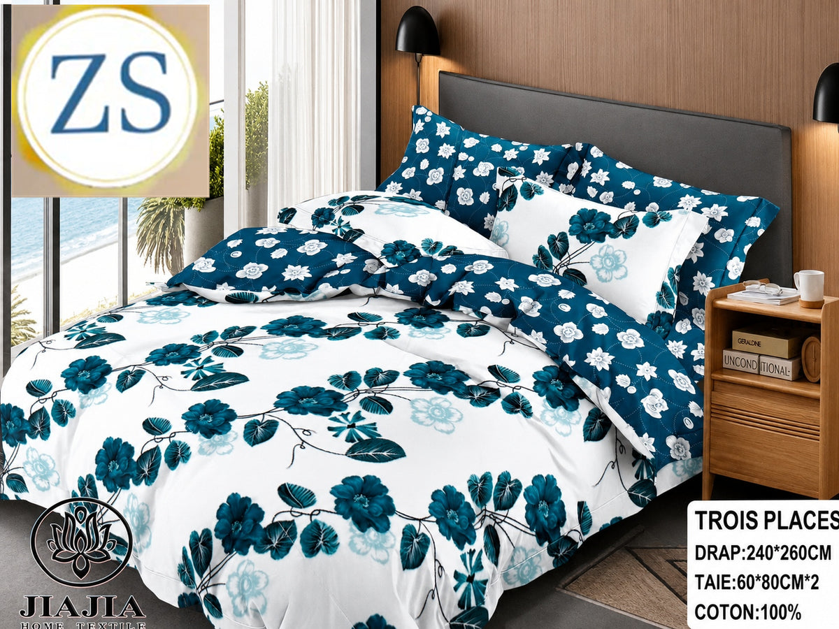 Ensemble 4 pièces Bleu Blanc Fleuri